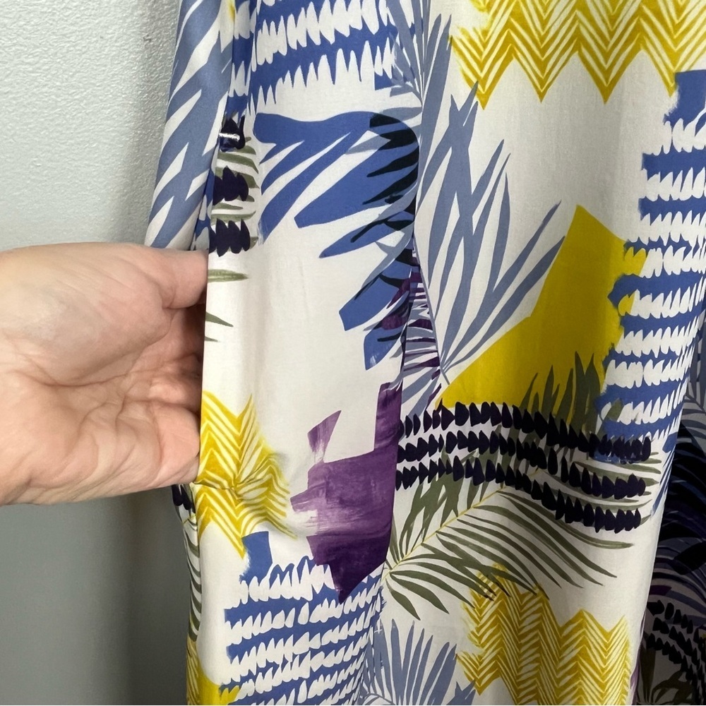 Chico’s blue & yellow ruffle cap sleeve performance material dress, large. - Picture 6 of 8